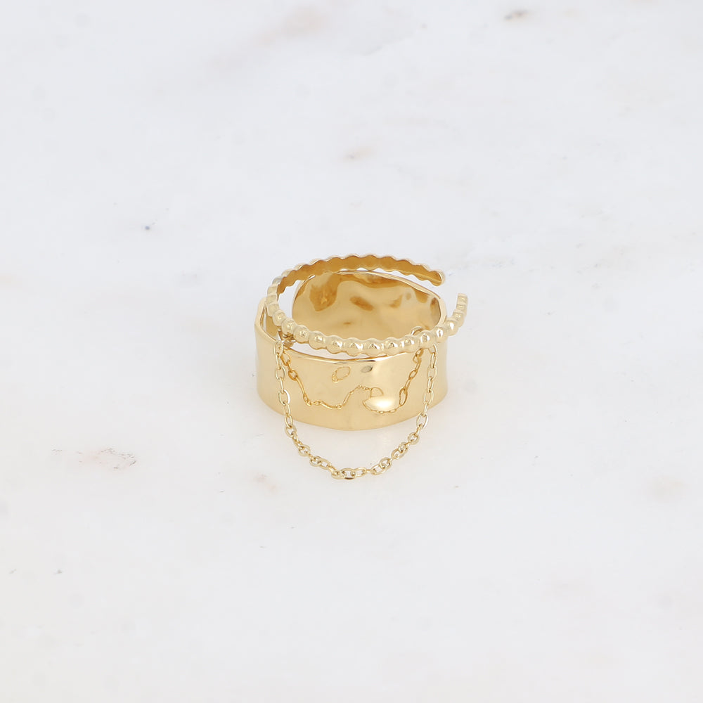 Mathilde & Filles | Bague avec deux anneau en acier inoxydable doré à l'or fin et embelli d'un anneau à boules et un anneau martelé