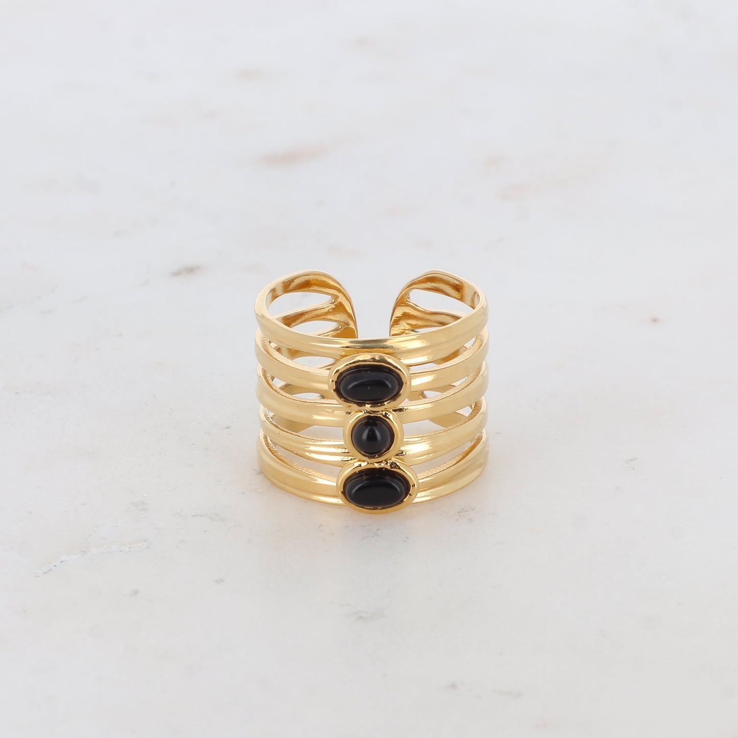 Mathilde & Filles bijoux | Bague pour femme en acier inoxydable compose de cinq rangs et sertie de pierres naturelles onyx