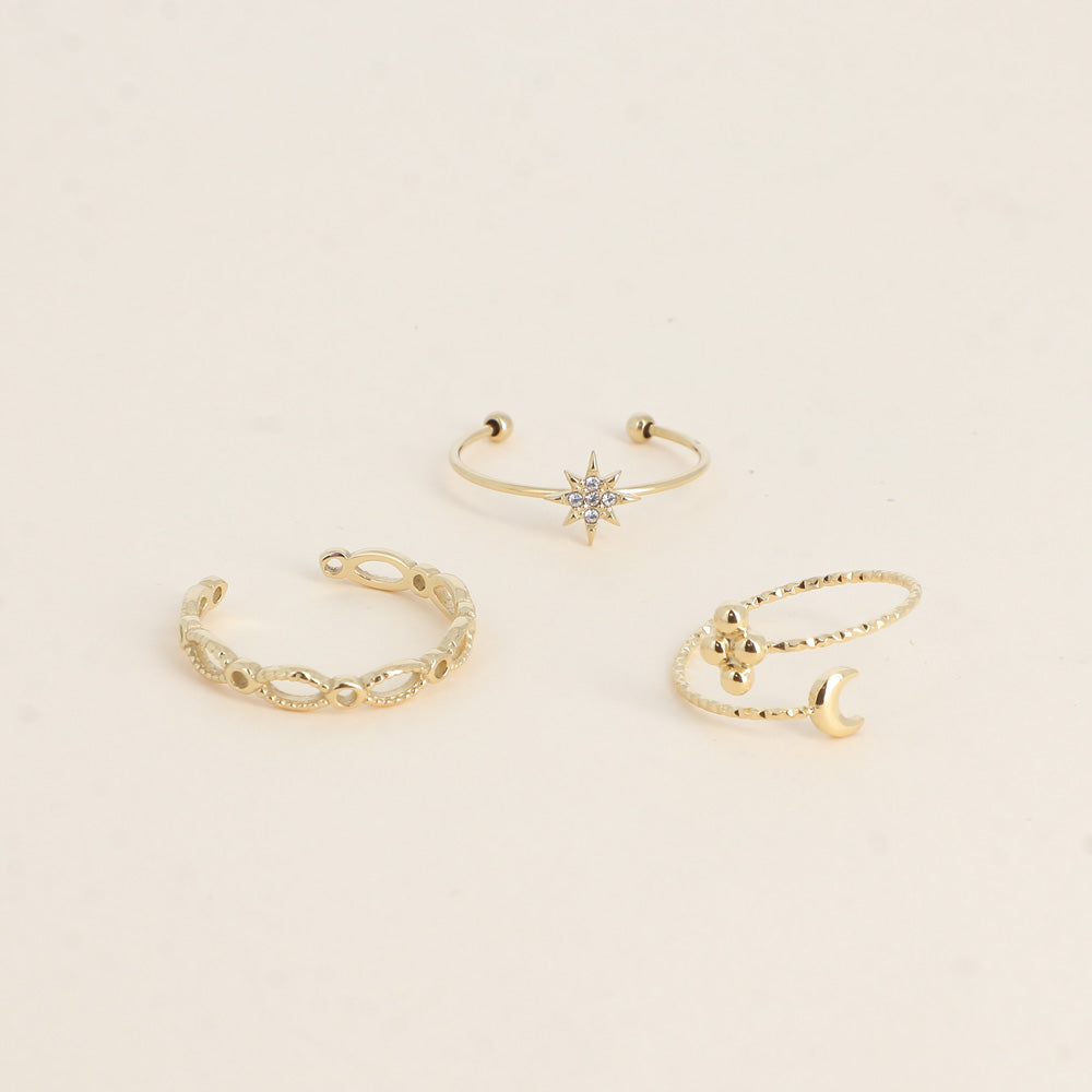 Mathilde & Filles | Trio de bagues pour femme composé de trois bagues avec une étoile et un croissant de lune