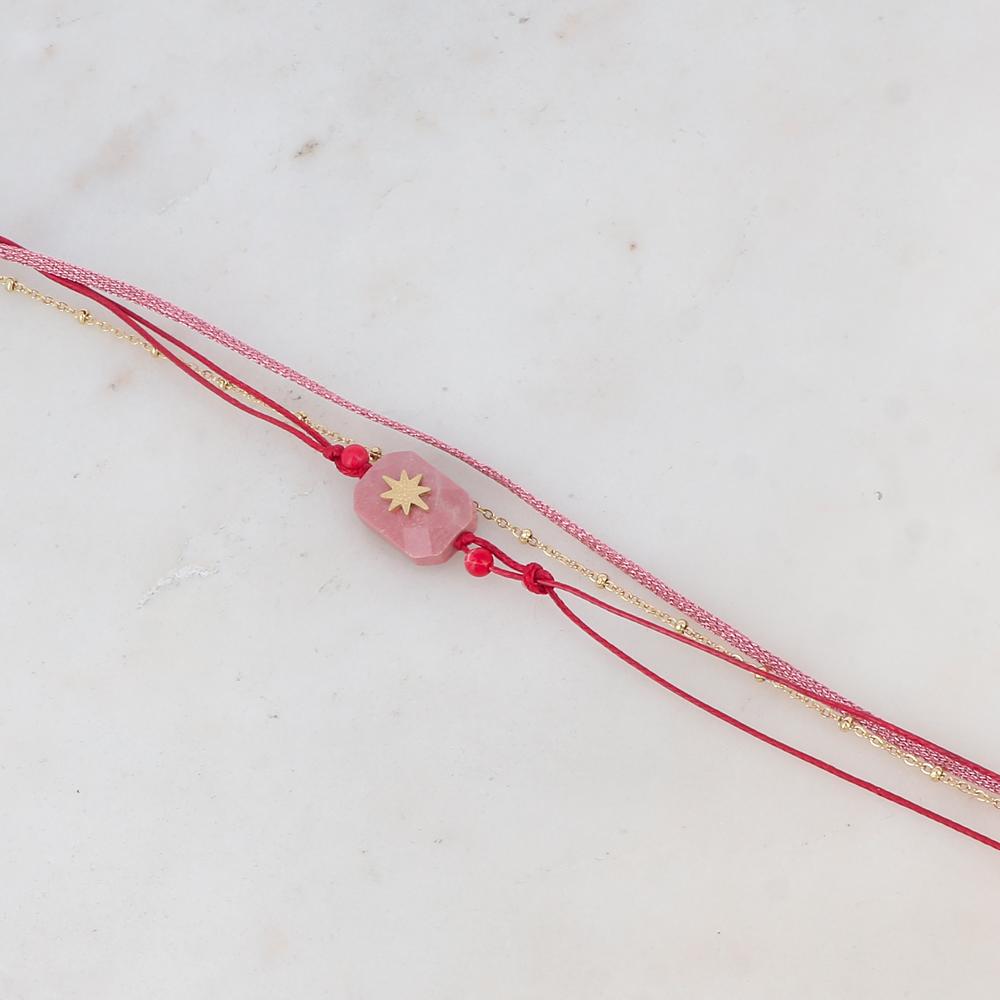 Bracelet corde rouge serti de pierre naturelle rhodonite rose | Mathilde & Filles
