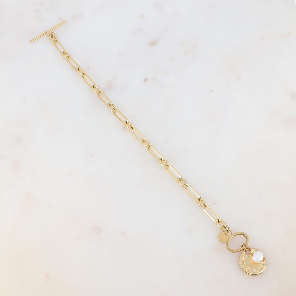 Mathilde & Filles bijoux | Bracelet en acier inoxydable pour femme embelli d'une perle d'eau douce et d'une pièce martelée