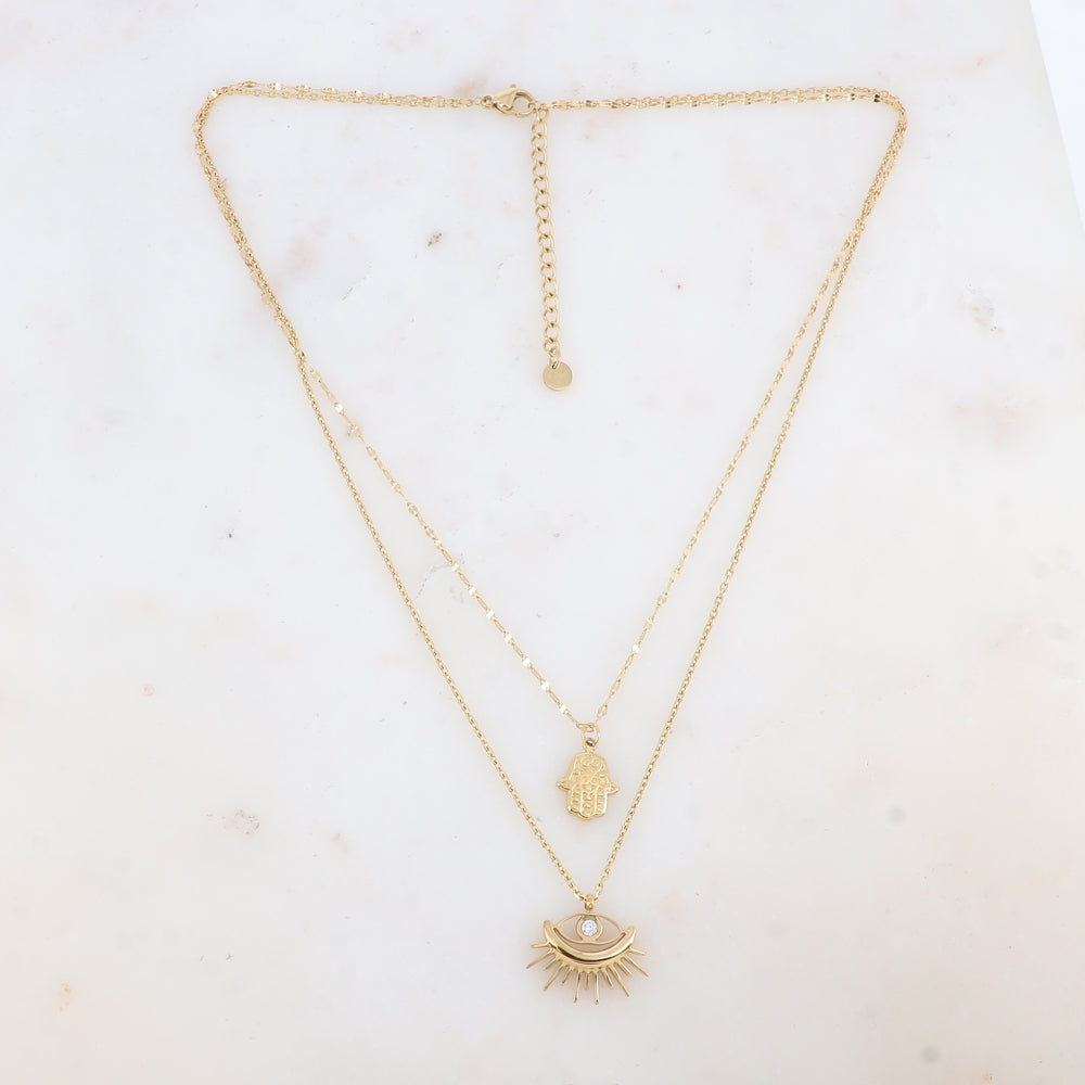 Mathilde & Filles | Collier en acier inoxydable deux rangs embelli d'un œil et d'une khmissa