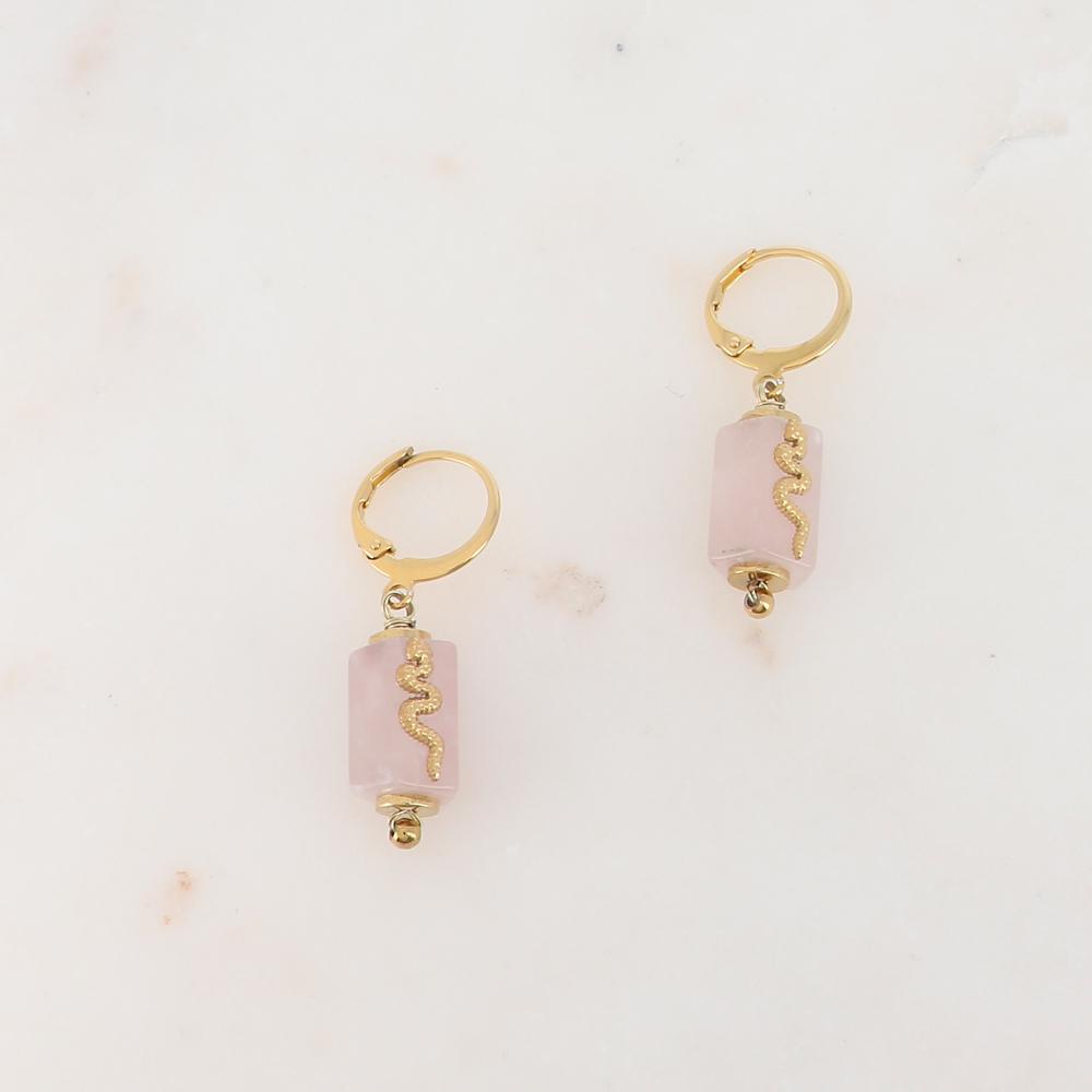 Mathilde & Filles | Créoles en acier inoxydable embellies d'un cylindre en quartz rose