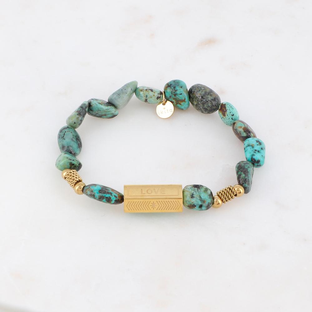 Mathilde & Filles bijoux | Bracelet serti de pierres naturelles de type turquoise africaine et d'un cylindre doré turquoise