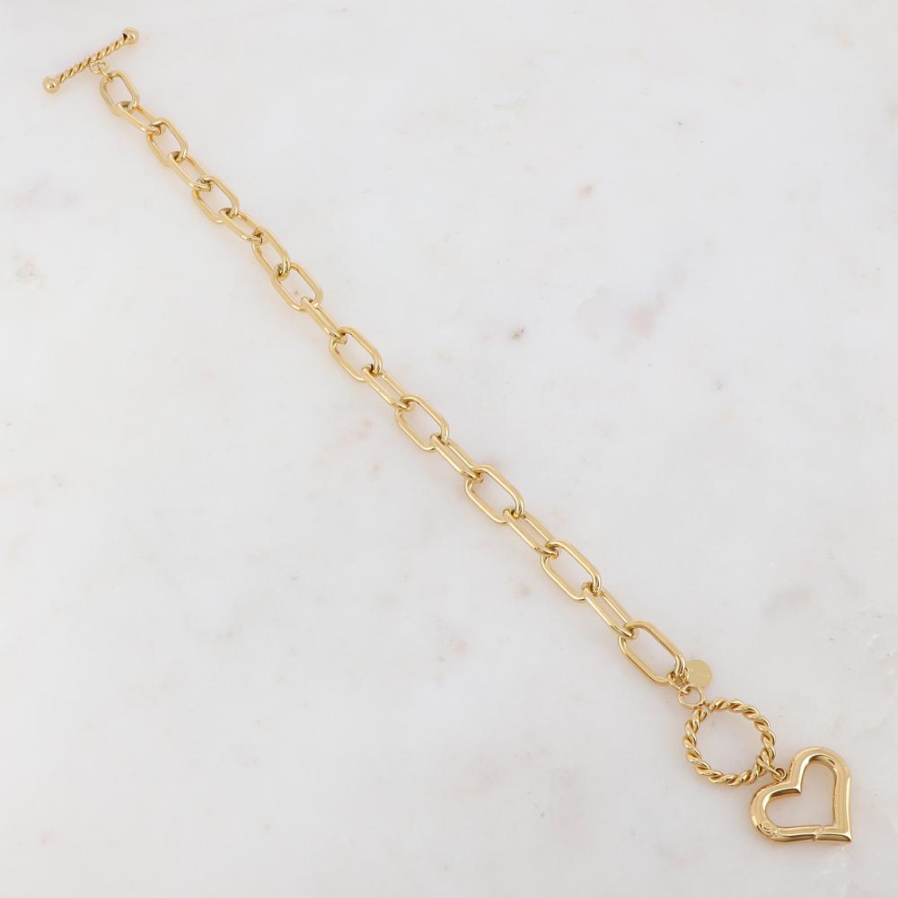 Mathilde & Filles | Bracelet maille en acier inoxydable embelli d'une pampille cœur et une fermeture en T ainsi que des pièces torsadées