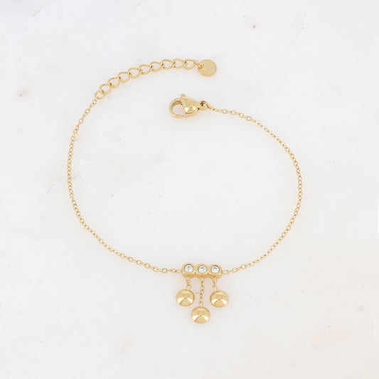 Mathilde & Filles | Bracelet femme embelli de trois zircons et trois chaines tombantes avec boules