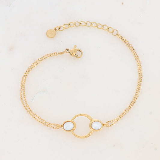 bracelet femme en acier inoxydable embelli d'un cercle ajouré et de deux cabochons en nacre blanche | Mathilde & Filles