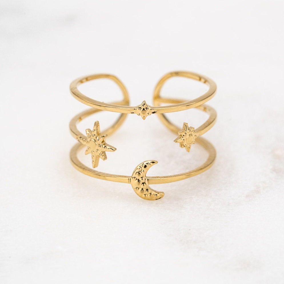 Bague femme en acier inoxydable sertie de cabochon en forme de croissant de lune et des étoiles scintillante - Mathilde et Filles