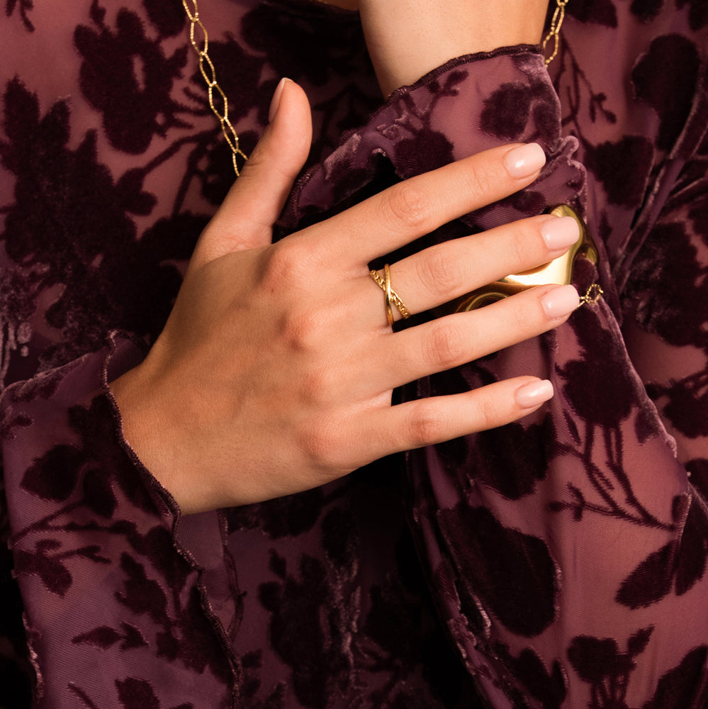 Bague en acier inoxydable dorée à l'or fin embellie de deux rangs entrelacés | Mathilde & Filles - Bijoux espiègles
