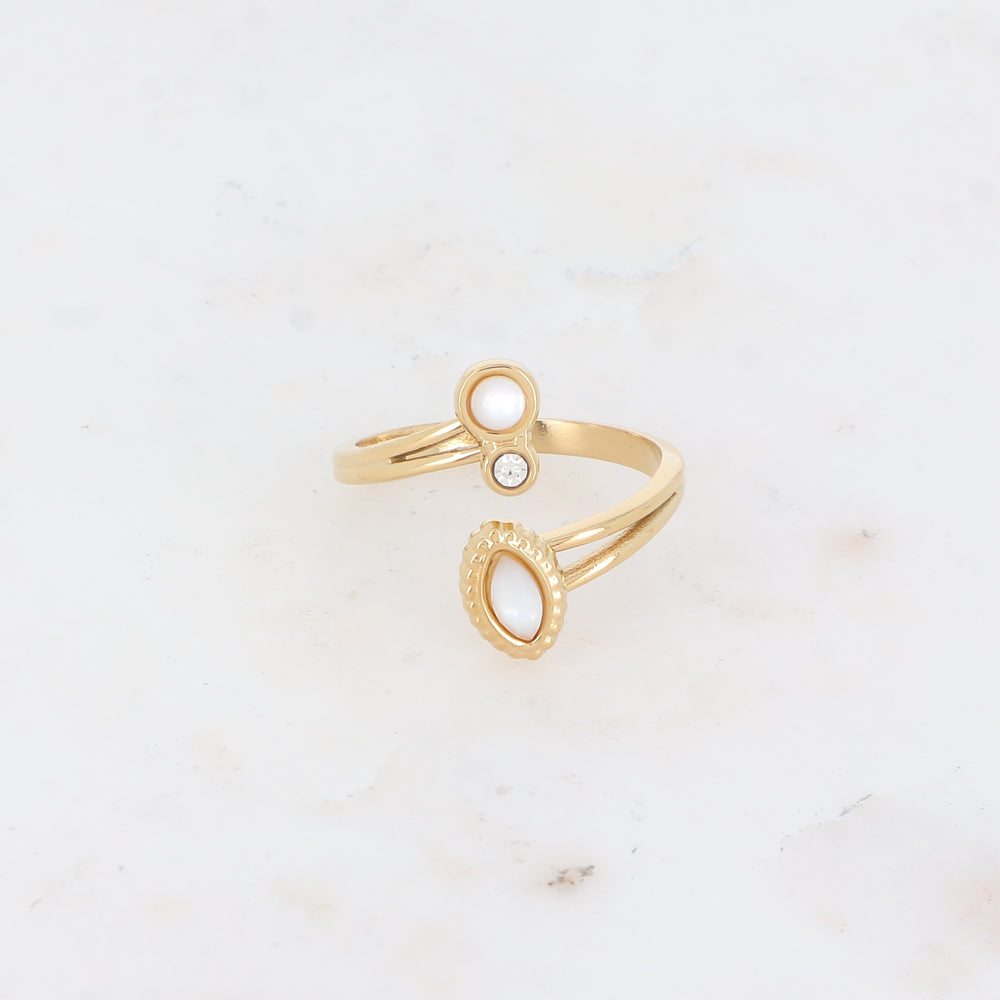 Bague pour femme sertie de deux pièce de nacre blanche et un petit strass - Mathilde & Filles