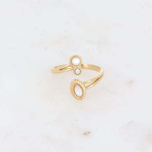 Bague pour femme sertie de deux pièce de nacre blanche et un petit strass - Mathilde & Filles