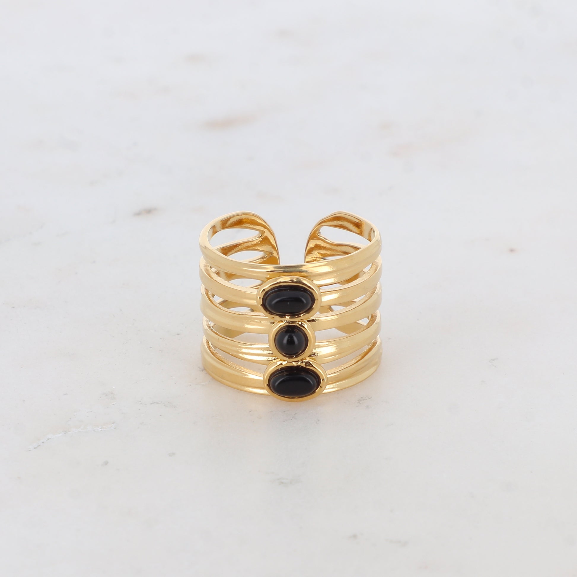 Mathilde & Filles bijoux | Bague pour femme en acier inoxydable compose de cinq rangs et sertie de pierres naturelles onyx