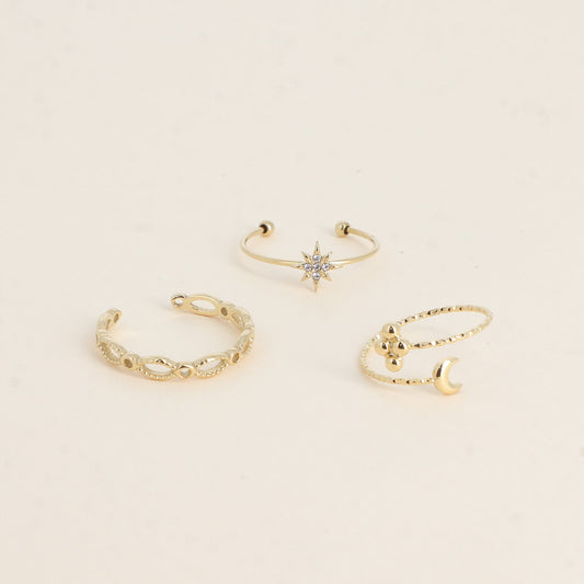 Mathilde & Filles | Trio de bagues pour femme composé de trois bagues avec une étoile et un croissant de lune