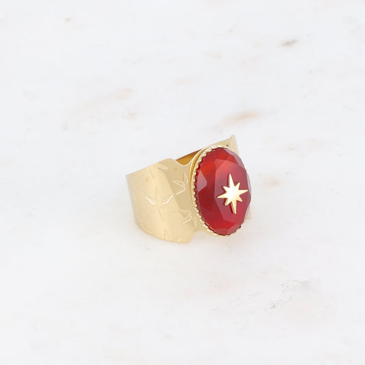 Mathilde & Filles | Bague en acier inoxydable sertie d'une pierre naturelle cornaline de couleur rouge