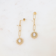 Mathilde & Filles | Boucles d'oreilles en acier inoxydable composées d'une chaine ornée d'une perle agate blanche et d'ne pièce de nacre