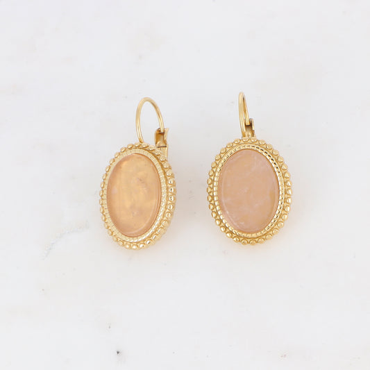 Mathilde & Filles | Boucles d'oreilles en acier inxoydable de forme ovale serties d'une pierre fine Agate beige