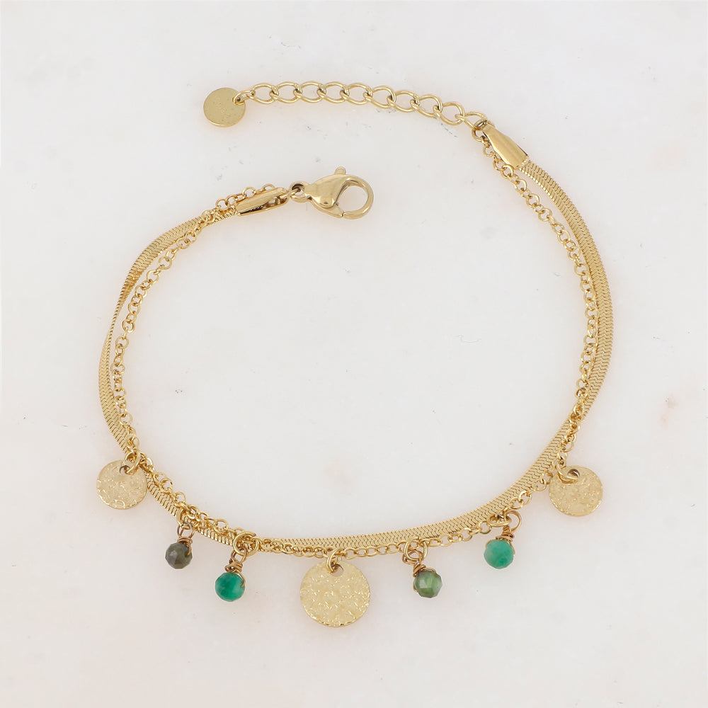 Mathilde & Filles | Bracelet pour femme composé de deux chaines et orné de pampilles en perles et pièces martelées