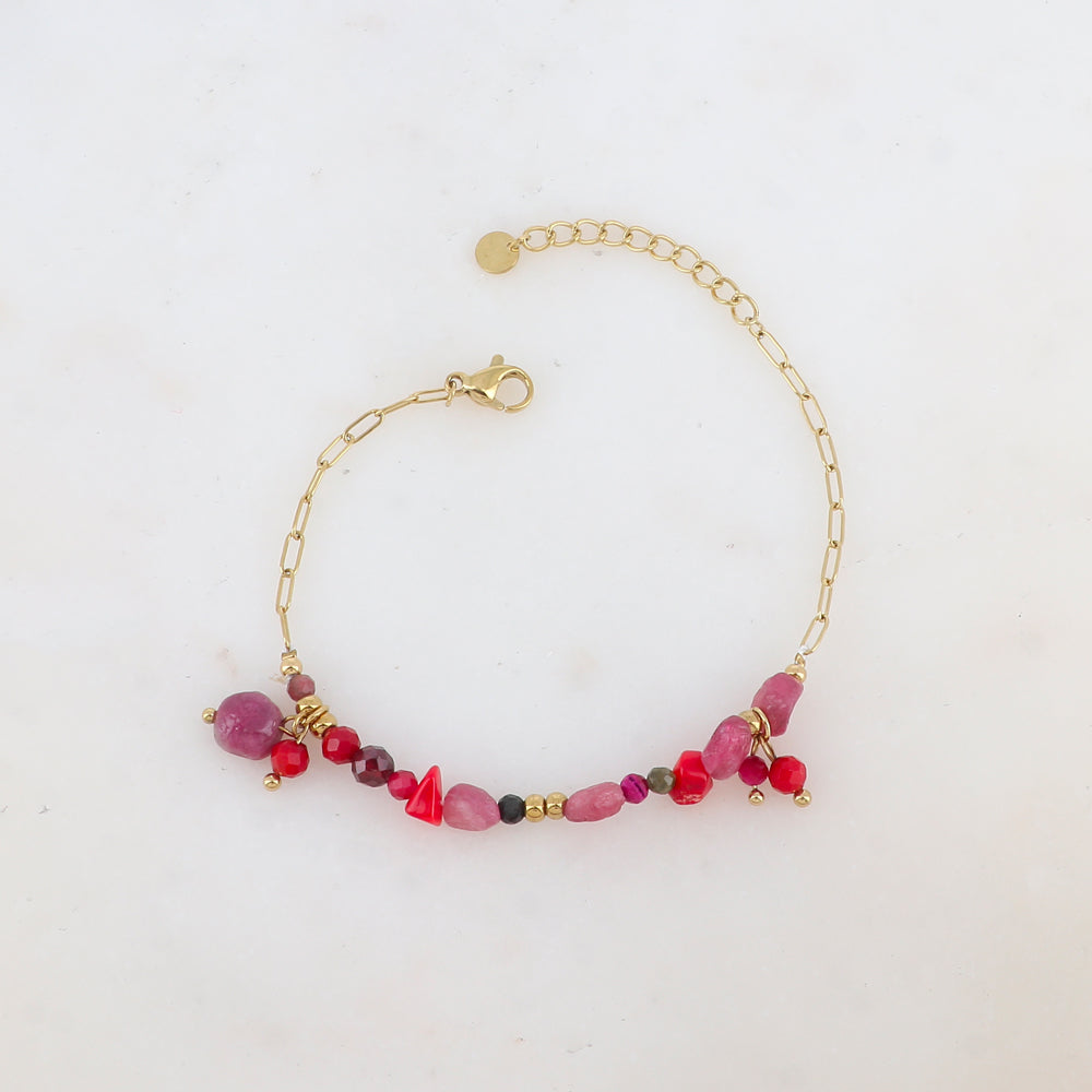 Mathilde & Filles | Bracelet en acier inoxydable embelli de pierres naturelles en chips à savoir l'améthyste et la cornaline