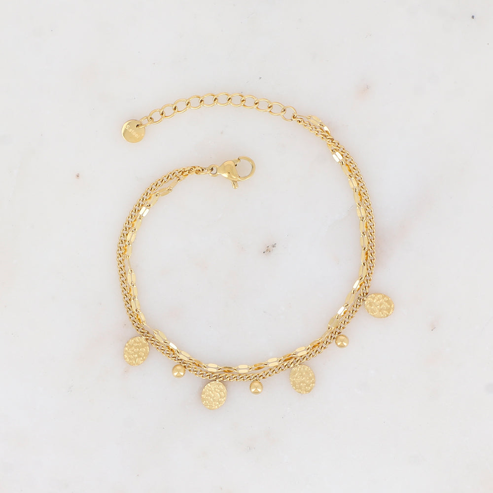 Mathilde & Filles | Bracelet en acier inoxydable composé de deux chaines dont une sertie de pampilles rondes martelées et de boules
