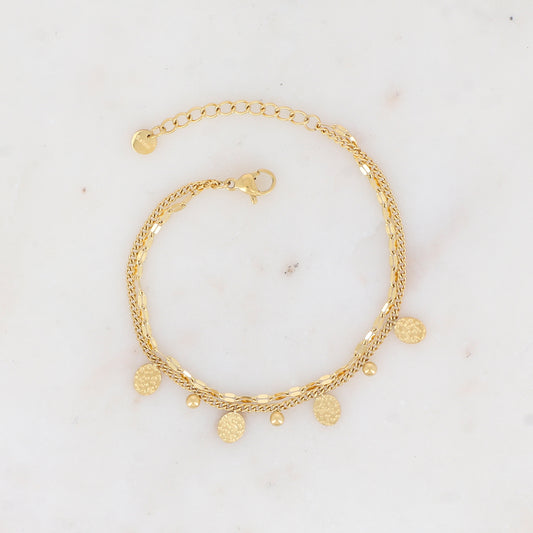 Mathilde & Filles | Bracelet en acier inoxydable composé de deux chaines dont une sertie de pampilles rondes martelées et de boules