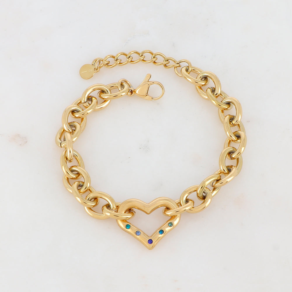 Mathilde & Filles bijoux | bracelet grosse maille en acier inoxydable embelli d'un cœur ajouré serti de zircons bleus