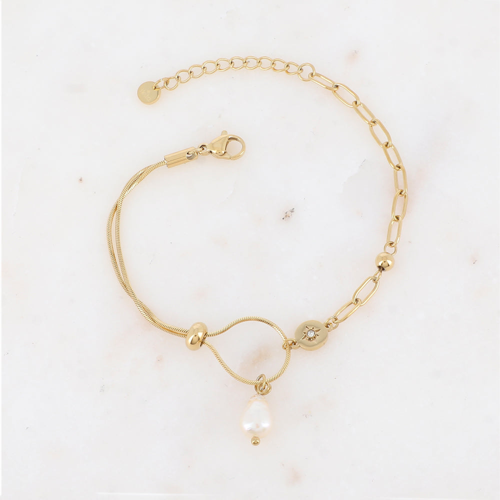 Mathilde & Filles | Bracelet maille corde et maille longue serti d'une perle de culture