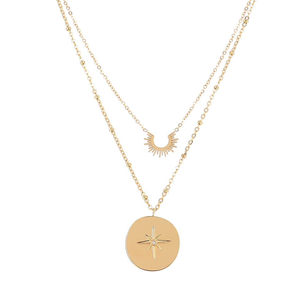 Collier deux rangs orné d'une demi soleil et d'une pièce ronde sertie d'une étoile et d'un zircon | Mathilde & Filles