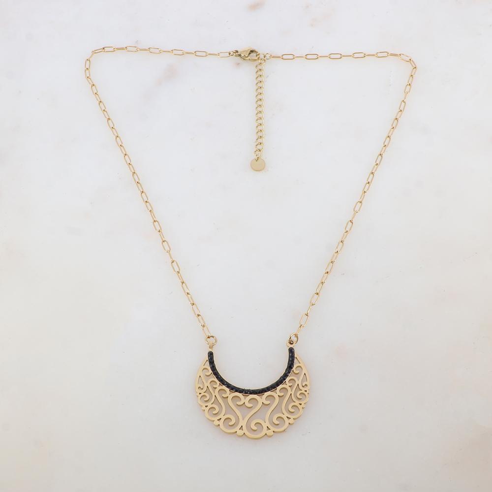 Collier en acier inoxydable pour femme embelli d'un pendentif croissant de lune serti de zircons noirs | Mathilde & Filles