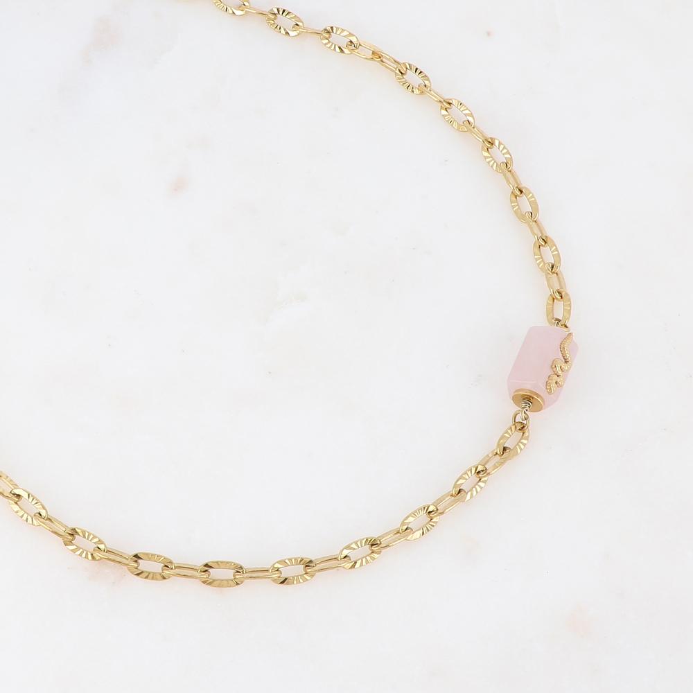 Mathilde & Filles | Collier en acier inoxydable orné d'un pendentif cylindrique en pierre naturelle quartz rose