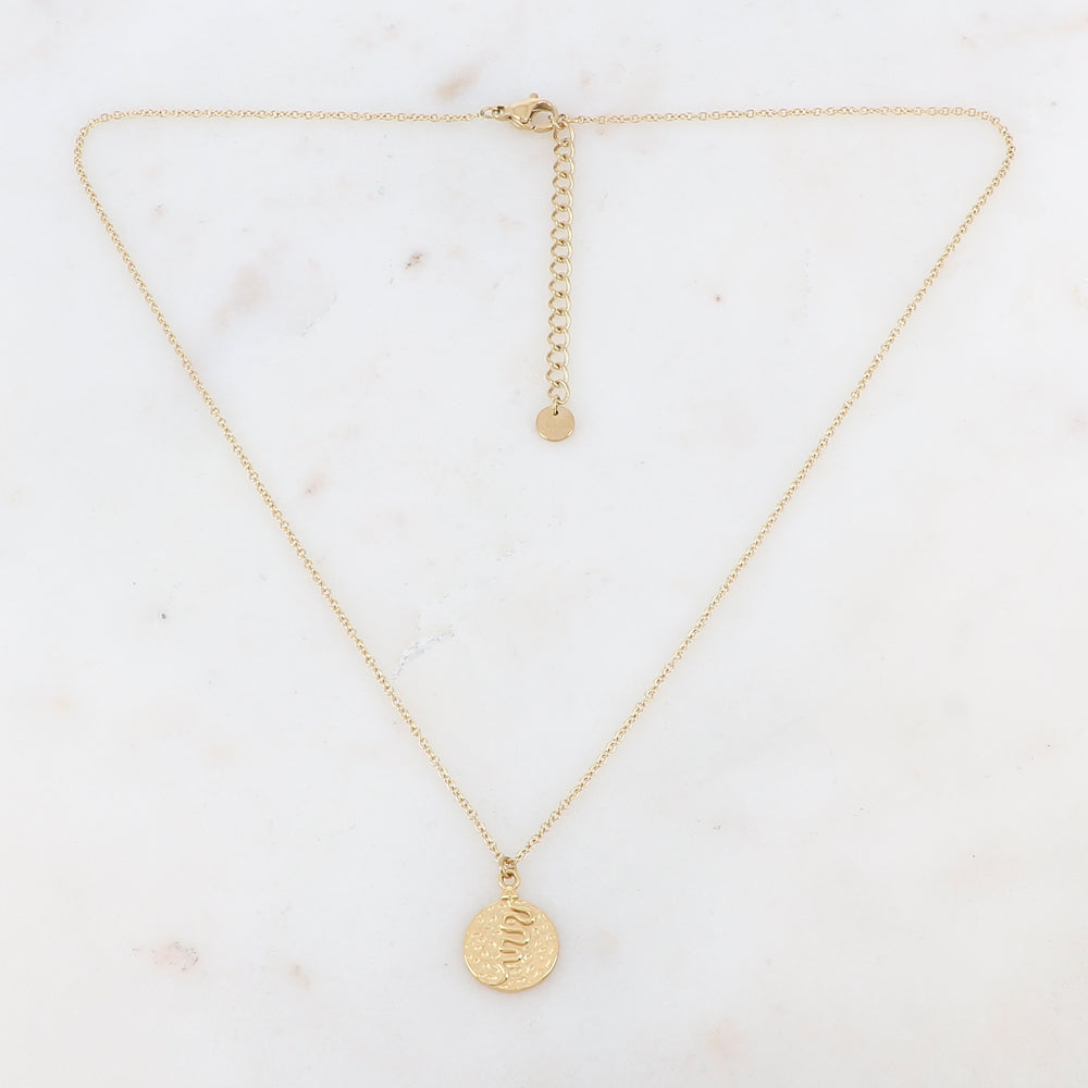 Collier fin pour femme en acier inoxydable doré embelli d'un pendentif martelé rond serti d'un serpent | Mathilde & Filles