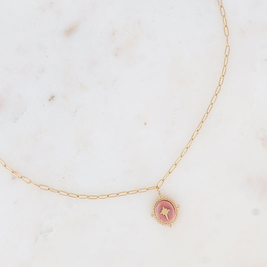 Mathilde & Filles | Collier en acier inoxydable serti d'un pendentif en rhodonite rose
