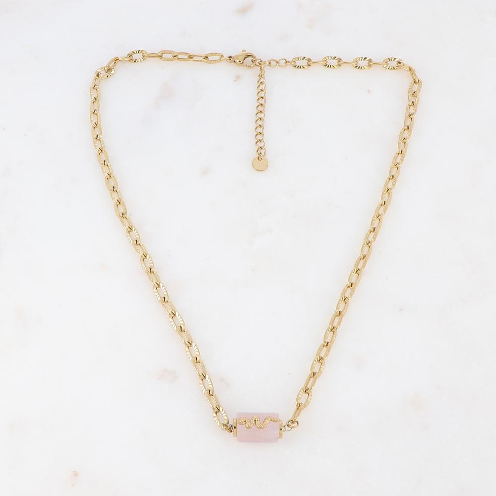 Mathilde & Filles | Collier en acier inoxydable pour femme serti d'une pierre naturelle quartz rose et d'un petit serpent doré