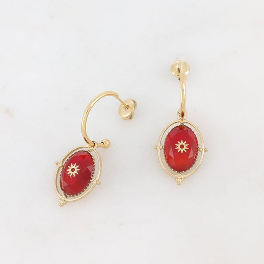 Mathilde & Filles | Boucles d'oreilles en acier inoxydable serties d'une pierre naturelle rouge de type cornaline