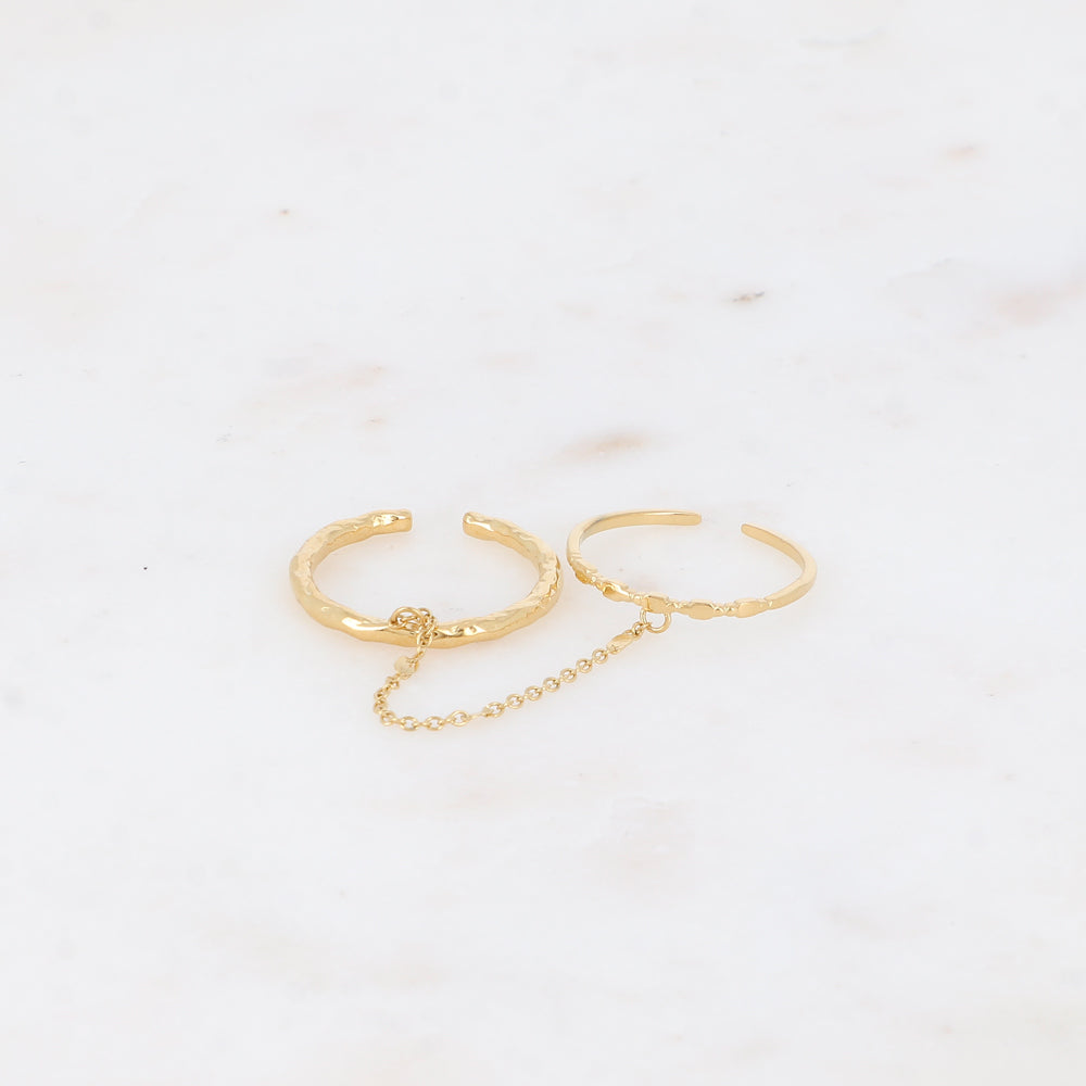 Mathilde & Filles | Bague femme composée de deux anneaux drapés rattachés avec une chainette