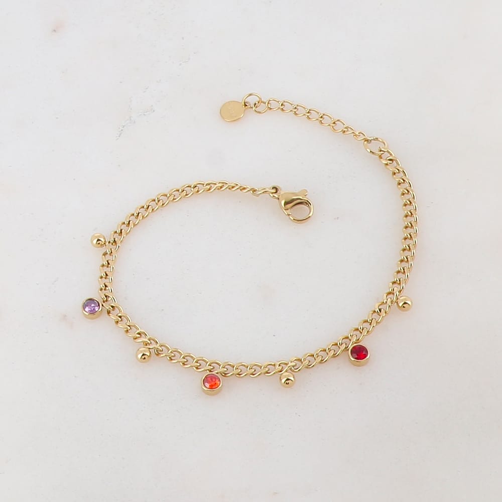 Gourmette fine en acier inoxydable pour femme embellie de pampilles serties de zircons et de boules dorées | Mathilde & Filles bijoux