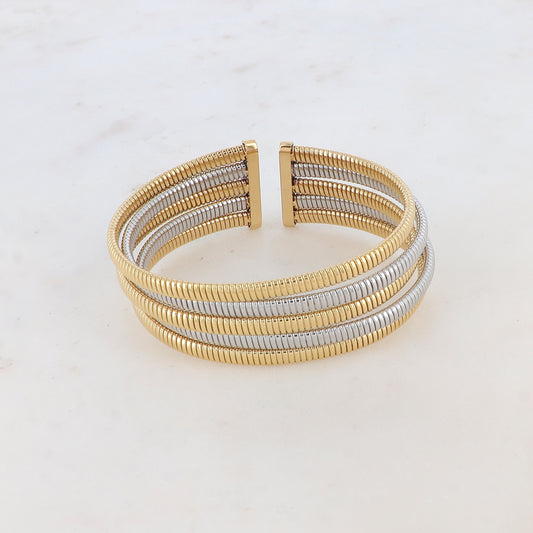 Mathilde & Filles | Manchette ouverte en acier inoxydable embelli de coleurs or et argent