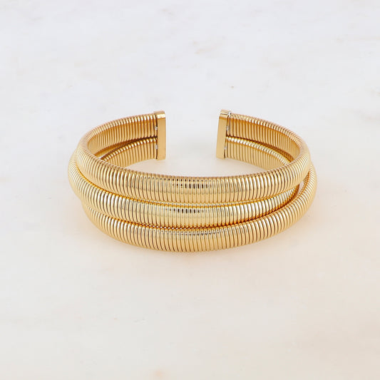 Manchette en acier inoxydable doré à l'or fin striée et entrelacée | Mathilde & Filles bijoux