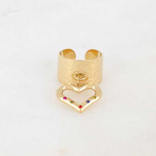 Bague pour femme en acier inoxydable doré embellie d'une pampille en forme de cœur serti de strass colorés - Bijoux Mathilde & Filles