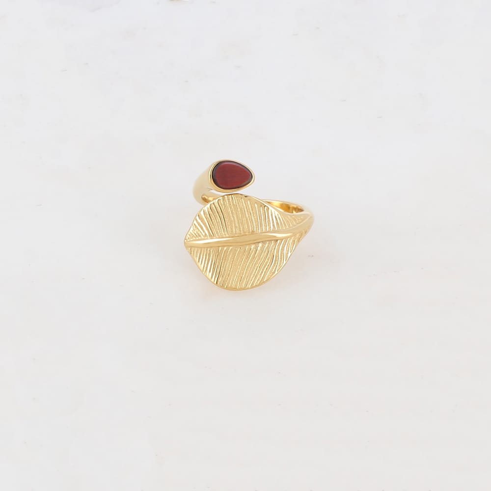 Bague ajustable pour femme en forme de feuille de laurier sertie d'une pierre naturelle œil de taureau - Mathilde et Filles bijoux 