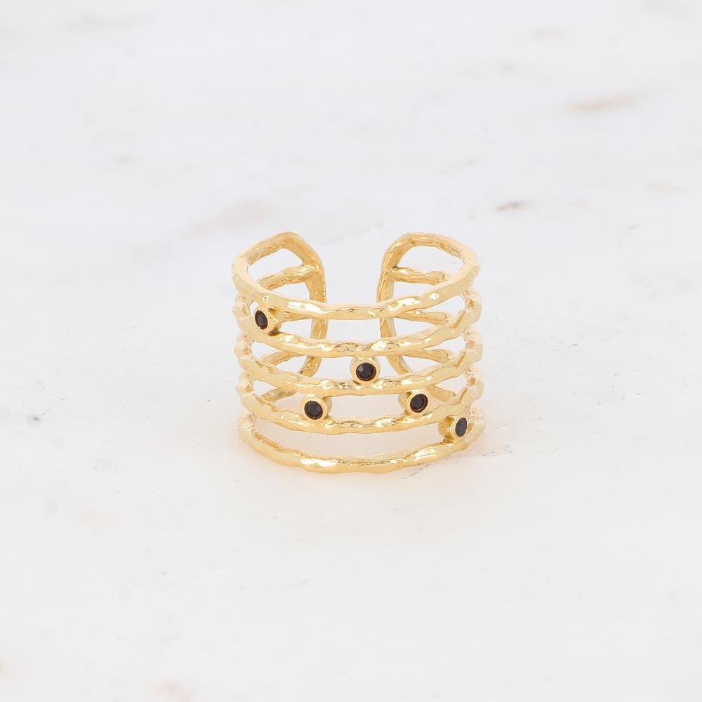 Bague pour femme en acier inoxydable de couleur dorée sertie de strass noirs - Mathilde & Filles bijoux 