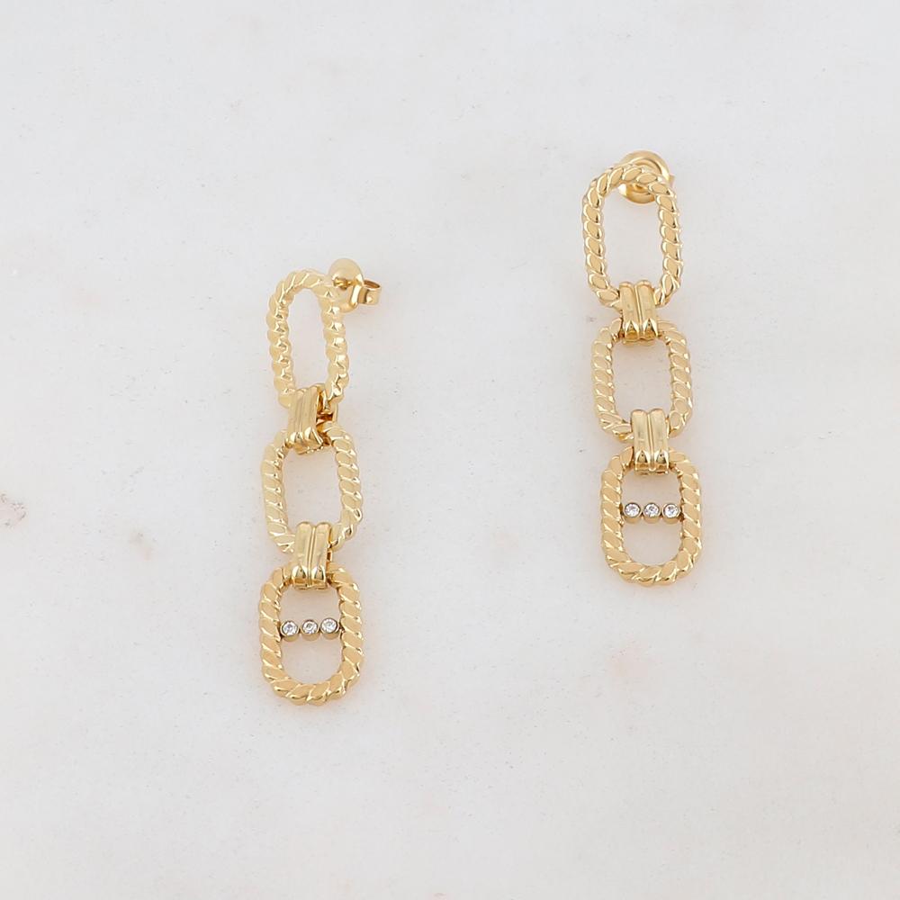 Mathilde & Filles | Boucles d'oreilles en acier inoxydable pendantes ornées de trois maillons sertis de zircons