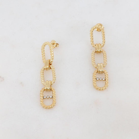Mathilde & Filles | Boucles d'oreilles en acier inoxydable pendantes ornées de trois maillons sertis de zircons